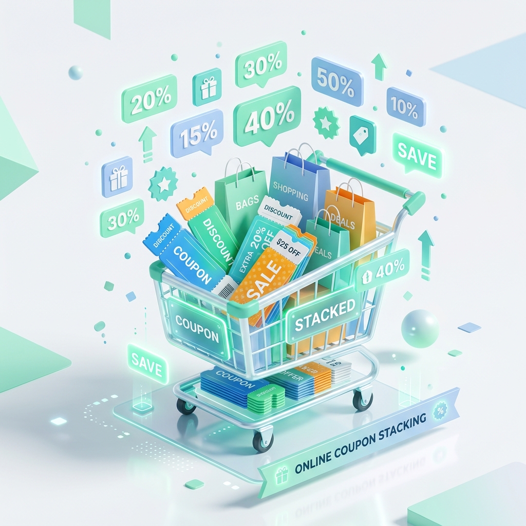 3D illustration representing coupon stacking and online discounts